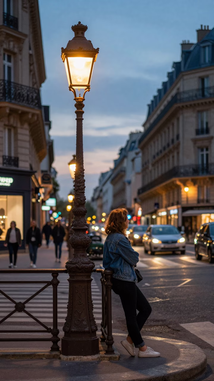 Parisian Street Corner at Dusk with Vintage Lamp and Local Interaction in in Paris, France