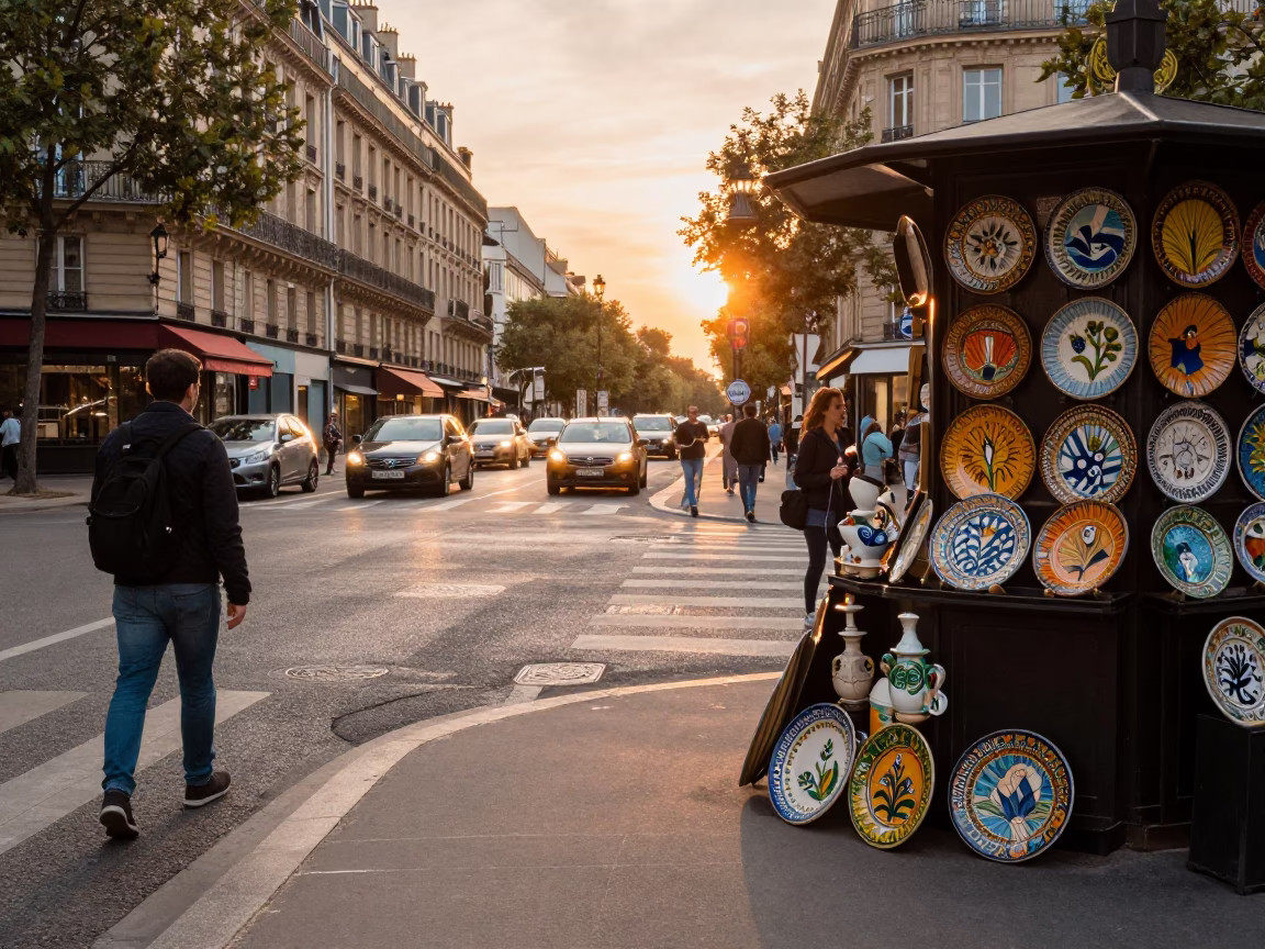 Parisian Street Corner at Golden Hour with Majolica Plates and Metro Train in in Paris, France