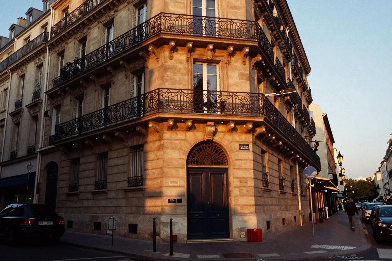 Parisian Street Corner at Golden Hour with String Lights and Vintage Atmosphere in in Paris, France