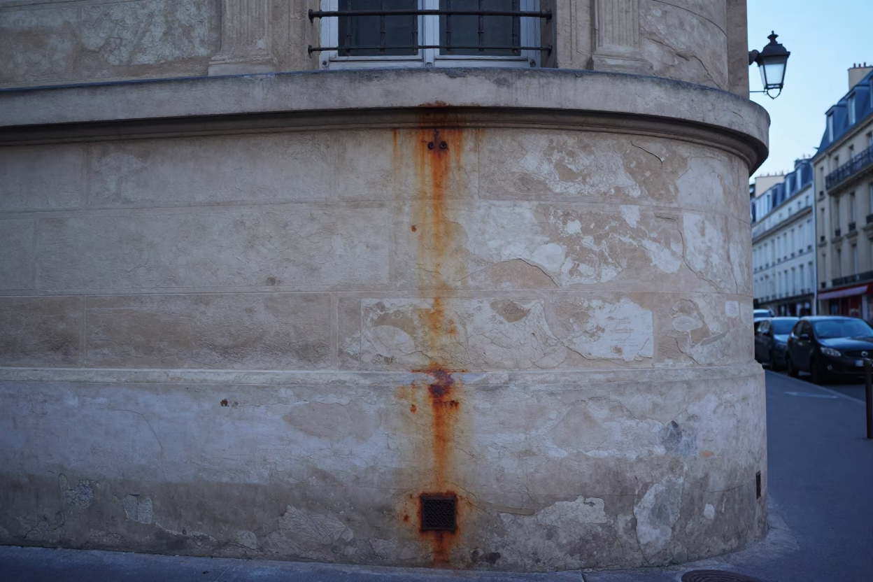Parisian street corner at nautical dawn with rusted plaster wall and copper beech tree in in Paris, France