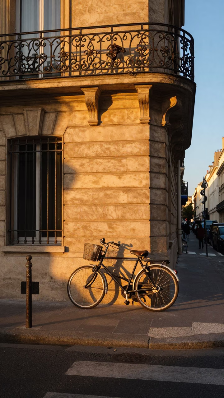 Parisian street corner at sunset with vintage bicycle and urban details in in Paris, France