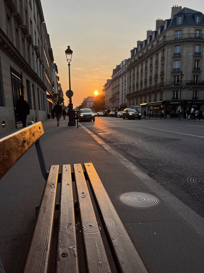 Parisian street corner at sunset with water rings on bench slat and urban life in in Paris, France