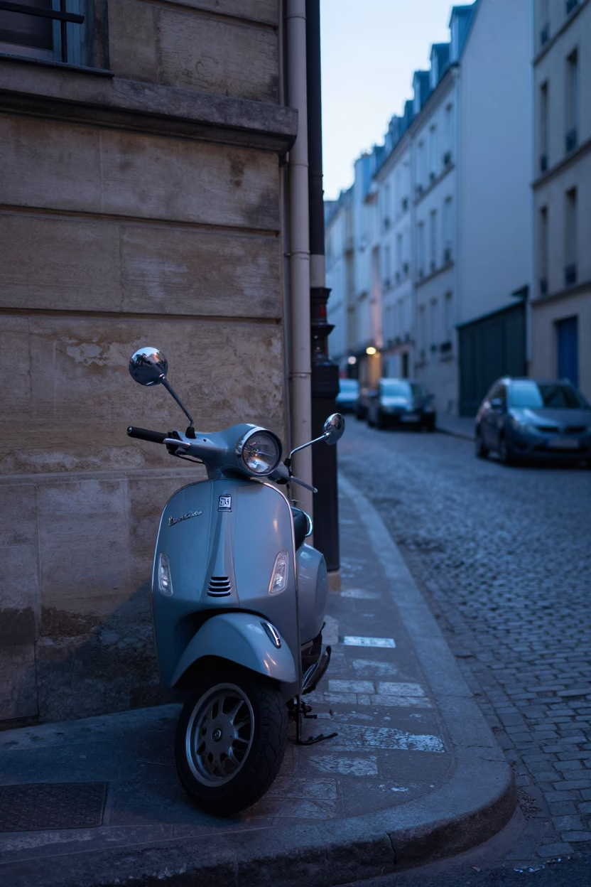 Parisian Street Corner Before Dawn With Vintage Vespa and Morning Routine in in Paris, France