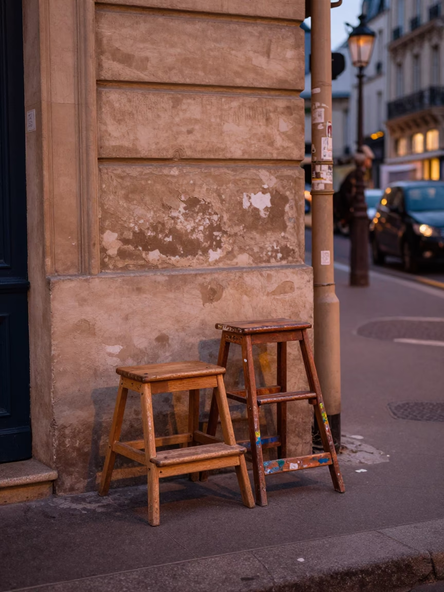 Parisian Street Corner Before Dusk with Step Stools and Paint Flecks in Copper Light in in Paris, France