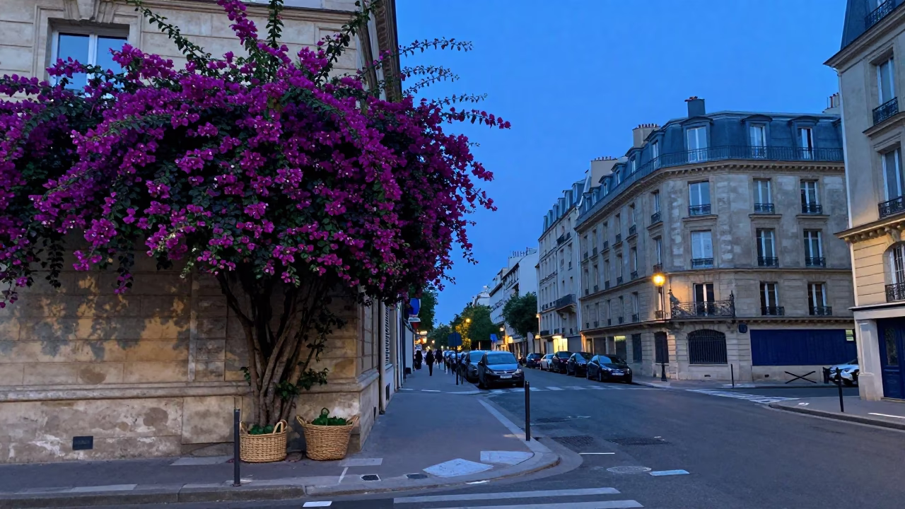 Parisian street corner during blue hour with bougainvillea and basket in in Paris, France