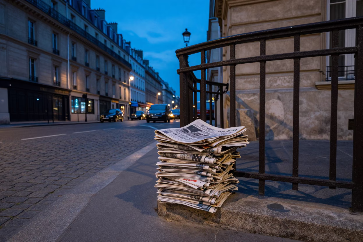 Parisian Street Corner Evening with Newspaper Stack and Hatbox in Blue Light in in Paris, France