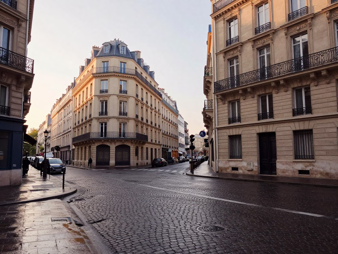 Parisian Street Corner Just After Sunrise with Morning Light and Local Details in in Paris, France