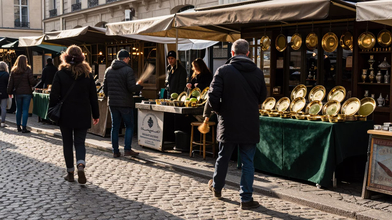 Parisian Street Market Morning with Matcha Tea Whisking and Brass Accents in in Paris, France