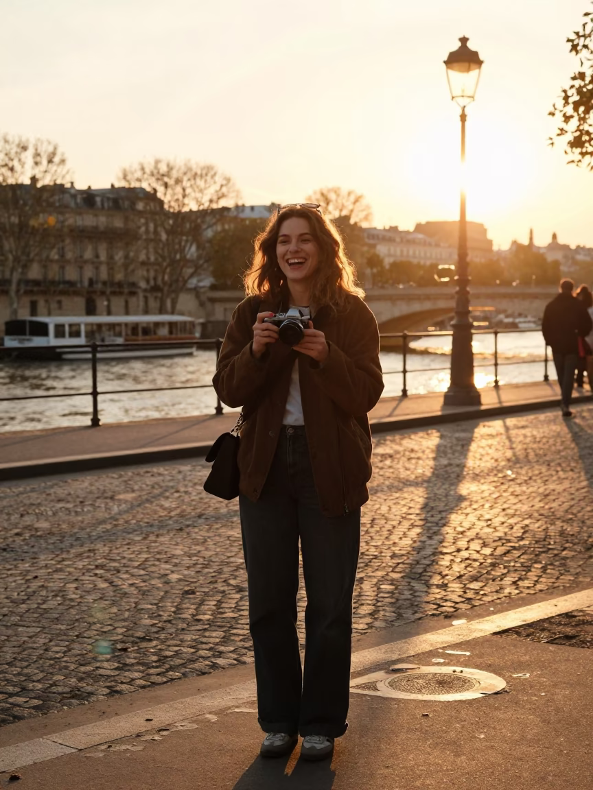 Parisian Street Photographer Capturing Candid Smile at Golden Hour Near Seine in in Paris, France