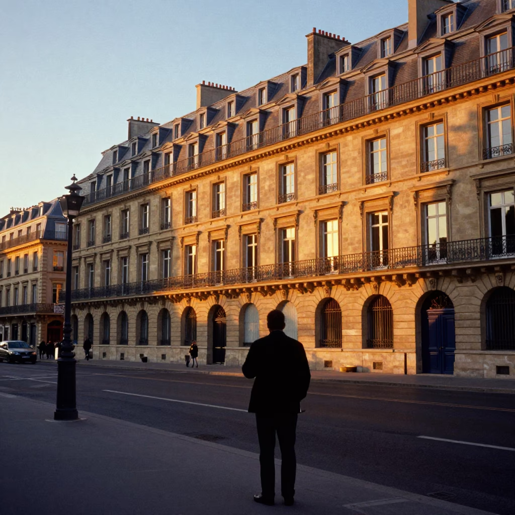 Parisian Street Photographer Capturing Golden Hour Light on Historic Haussmann Architecture in in Paris, France