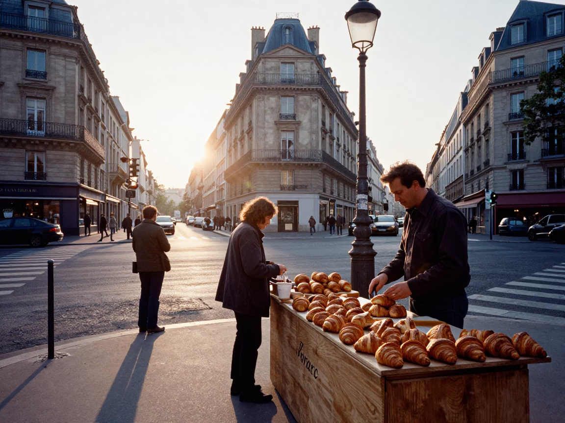 Parisian Street Scene After Sunrise with Sunlight on Fabric and Vintage Details in in Paris, France