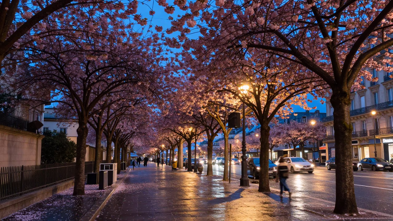 Parisian Street Scene at Blue Hour with Cherry Blossoms and Urban Life in in Paris, France