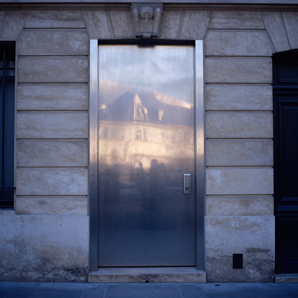 Parisian street scene at dawn with brushed steel doorframe and morning light in in Paris, France