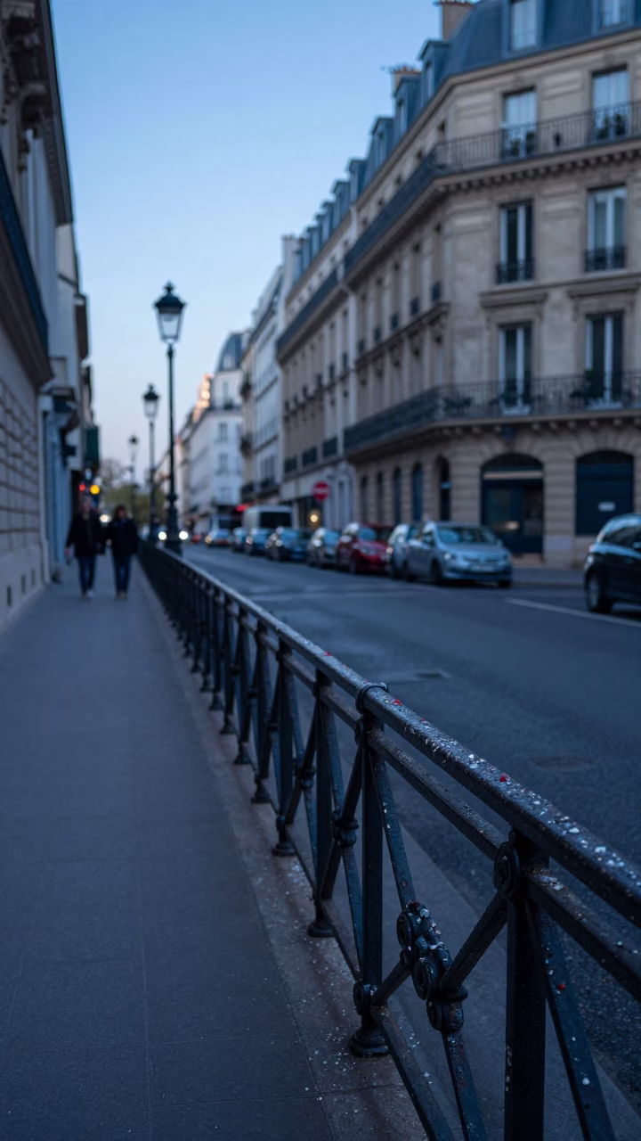 Parisian Street Scene at Dawn with Paint Flecks and Brushed Steel Drain Detail in in Paris, France