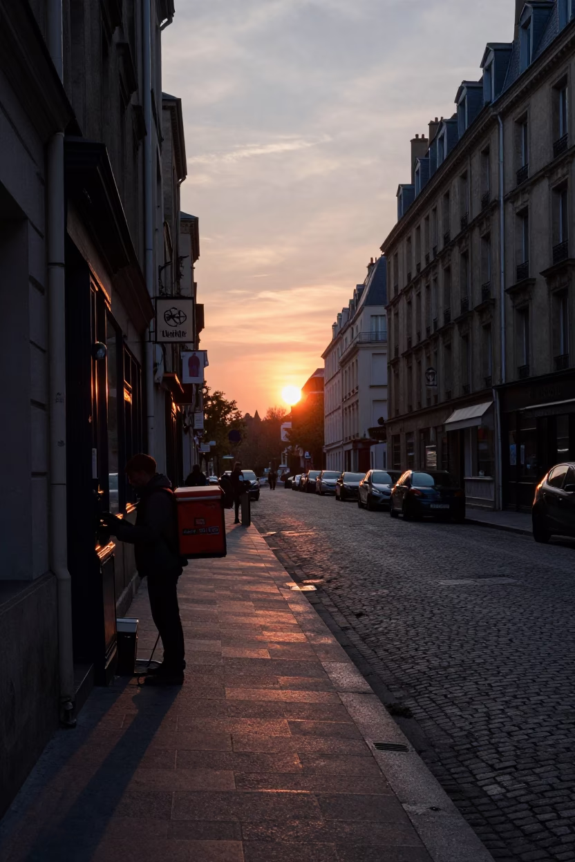 Parisian Street Scene at Dusk with Delivery Crate and Historic Architecture in in Paris, France