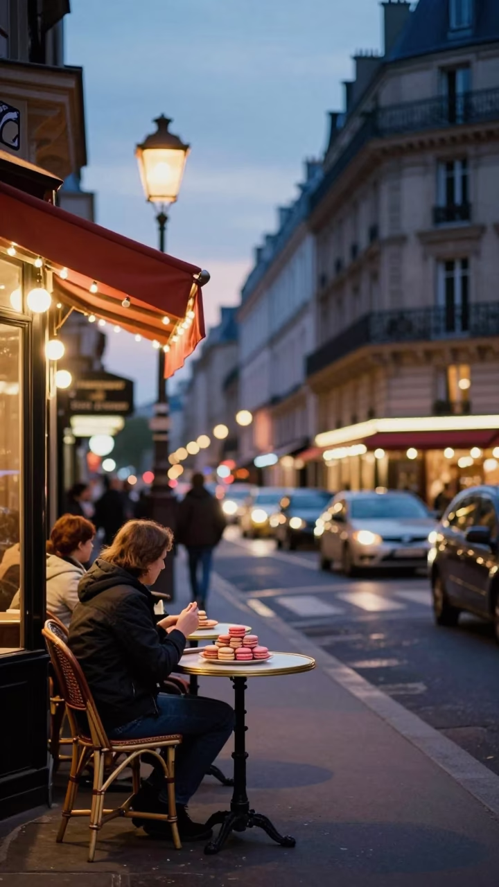 Parisian Street Scene at Dusk with Macarons and Historic Architecture in in Paris, France