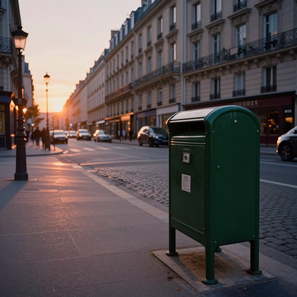Parisian Street Scene at Dusk with Mailbox and Urban Life in France in in Paris, France