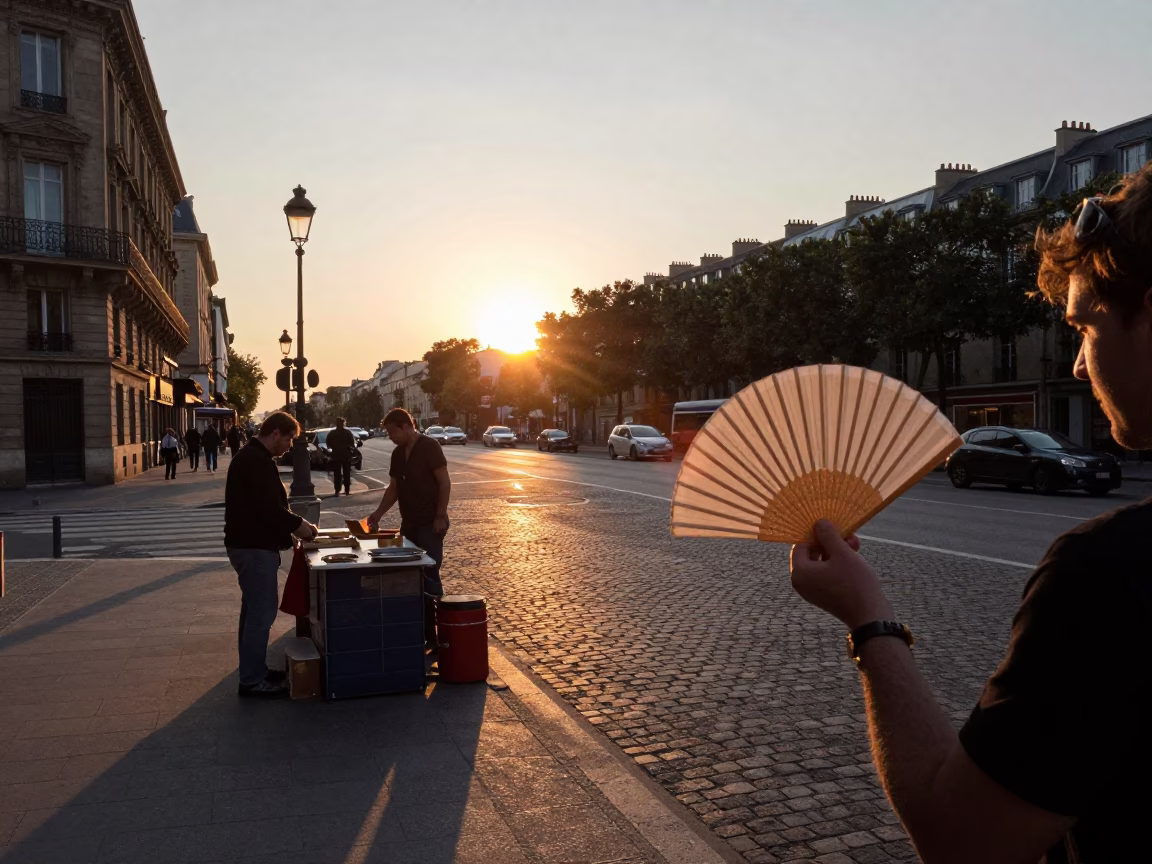 Parisian Street Scene at Dusk with Paper Fan and Blue Porcelain Plate in in Paris, France