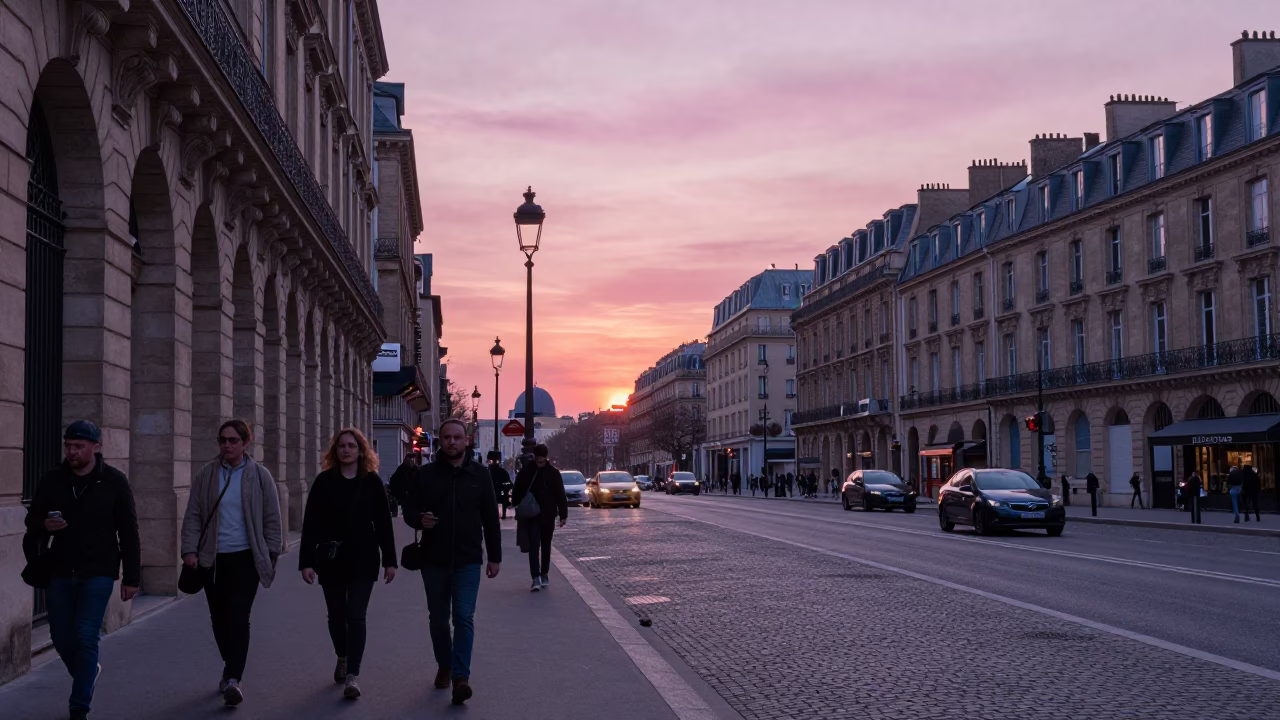 Parisian street scene at dusk with pedestrians and historic architecture in in Paris, France