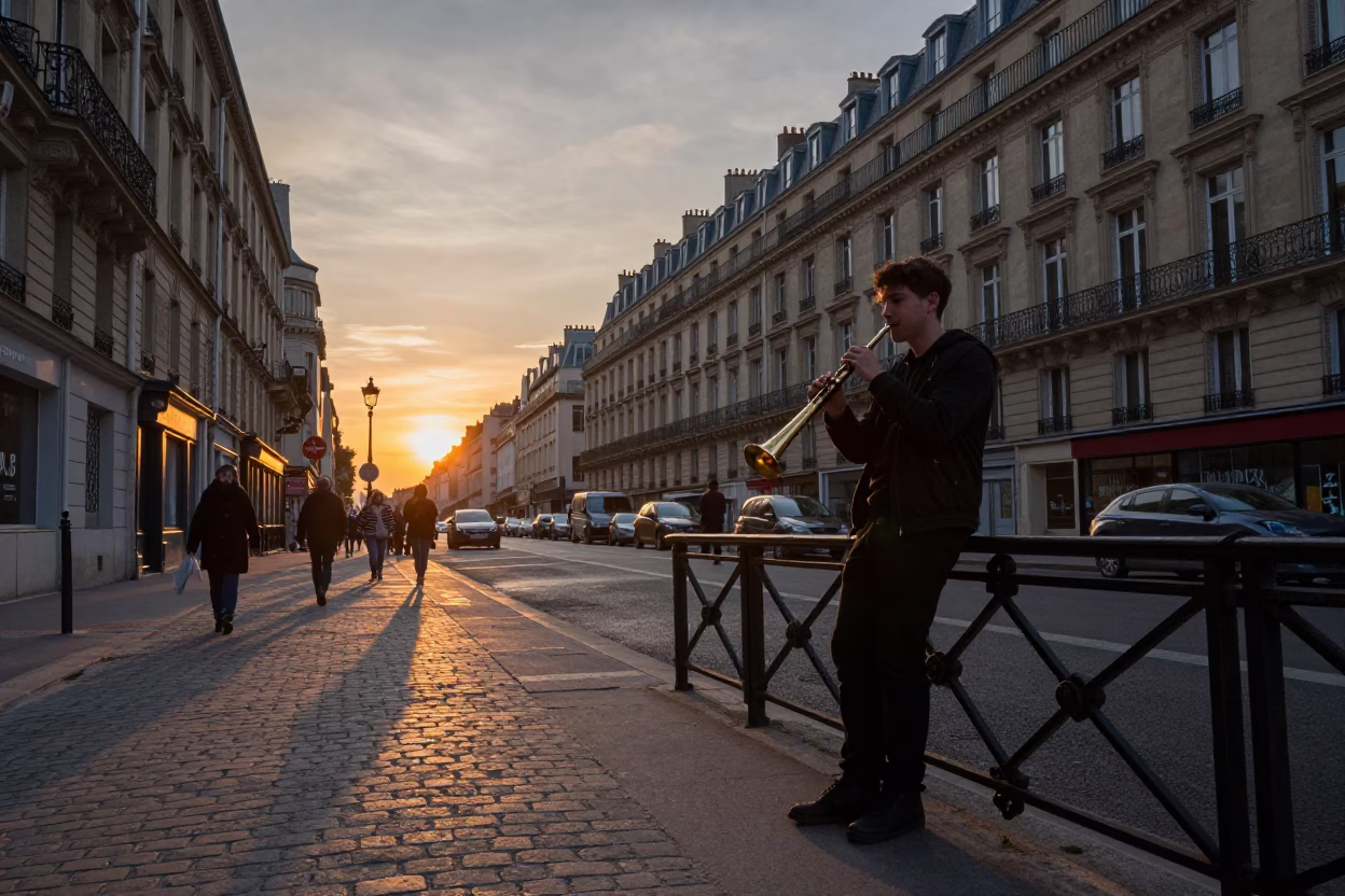 Parisian Street Scene at Dusk with Vintage Recorder and Local Interaction in in Paris, France