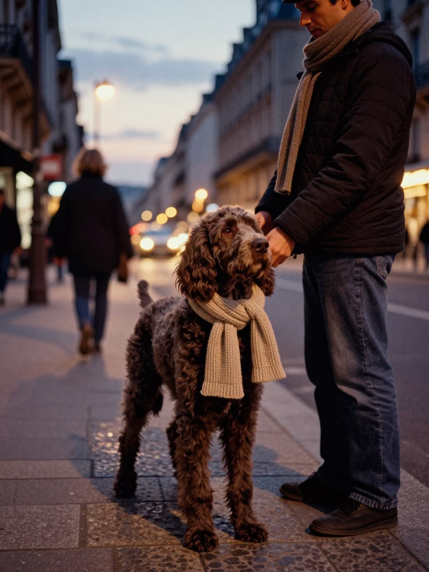 Parisian Street Scene at Dusk with Wool Scarves and Spinone Italiano Dog in in Paris, France