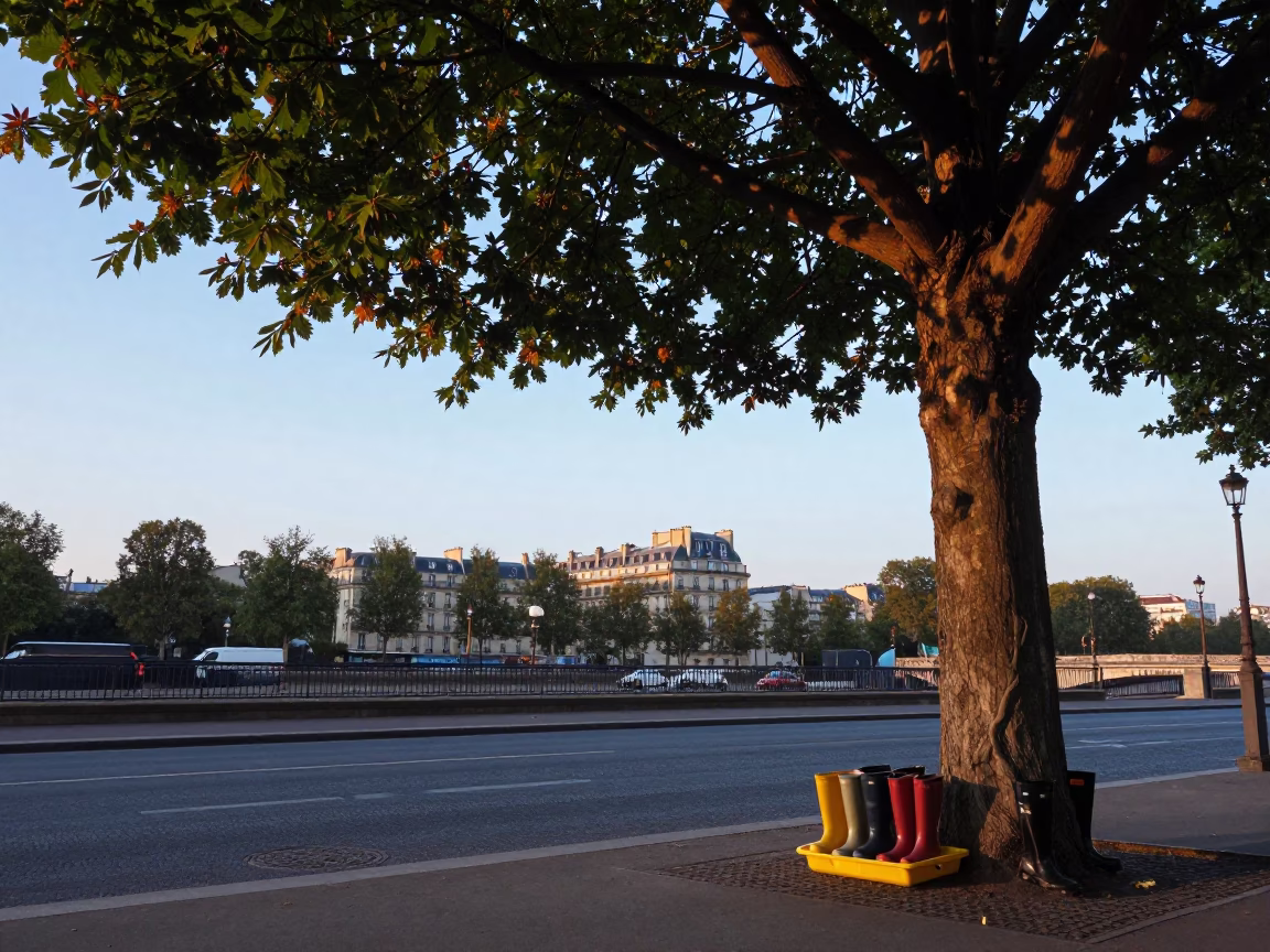Parisian Street Scene at Nautical Dawn with Chestnut Tree and Rain Boots in in Paris, France