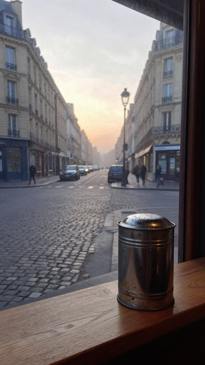 Parisian Street Scene at Nautical Dawn with Condensation and Coffee Tin in in Paris, France