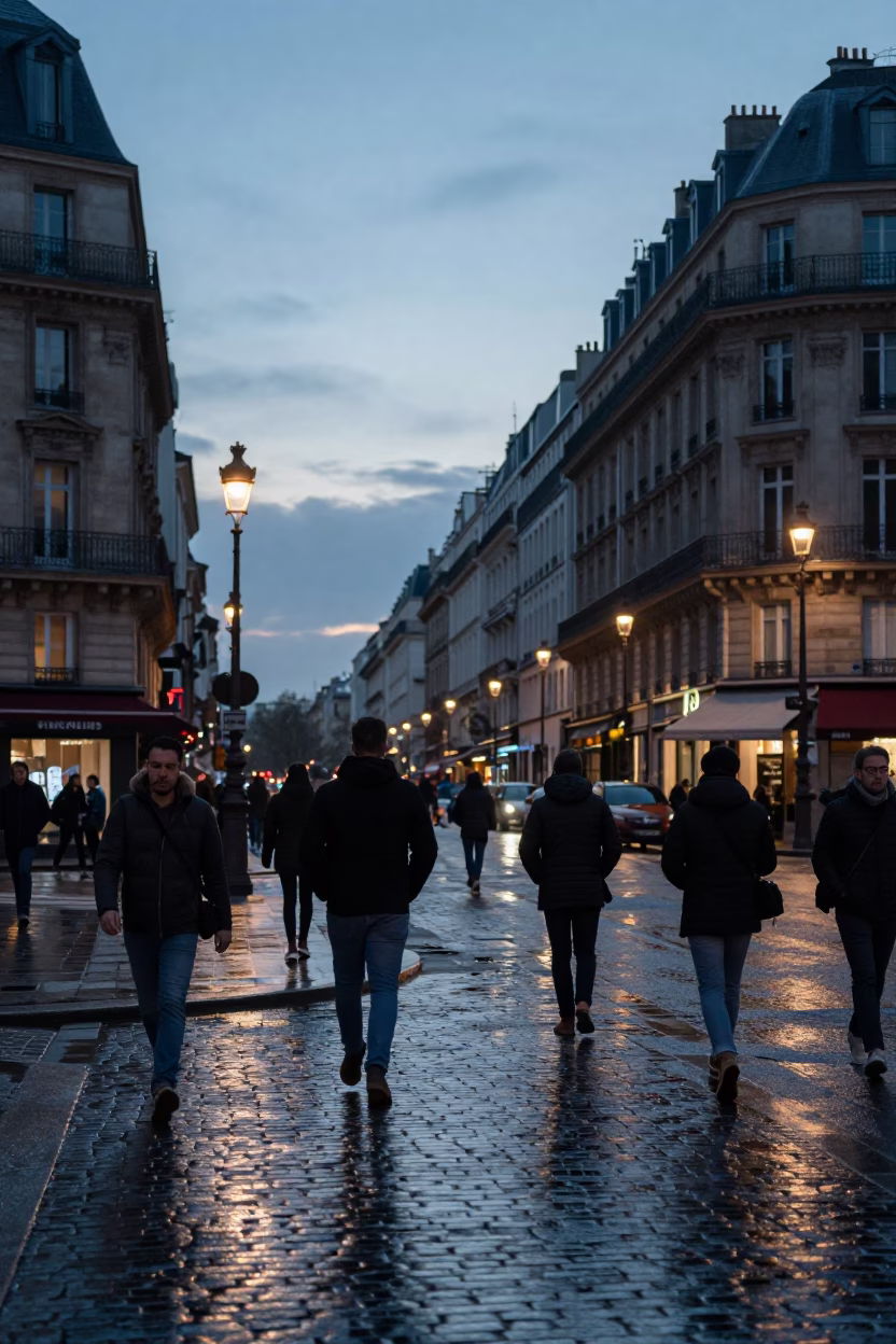 Parisian Street Scene at Nautical Dawn with Wet Cobblestones and Morning Commuters in in Paris, France