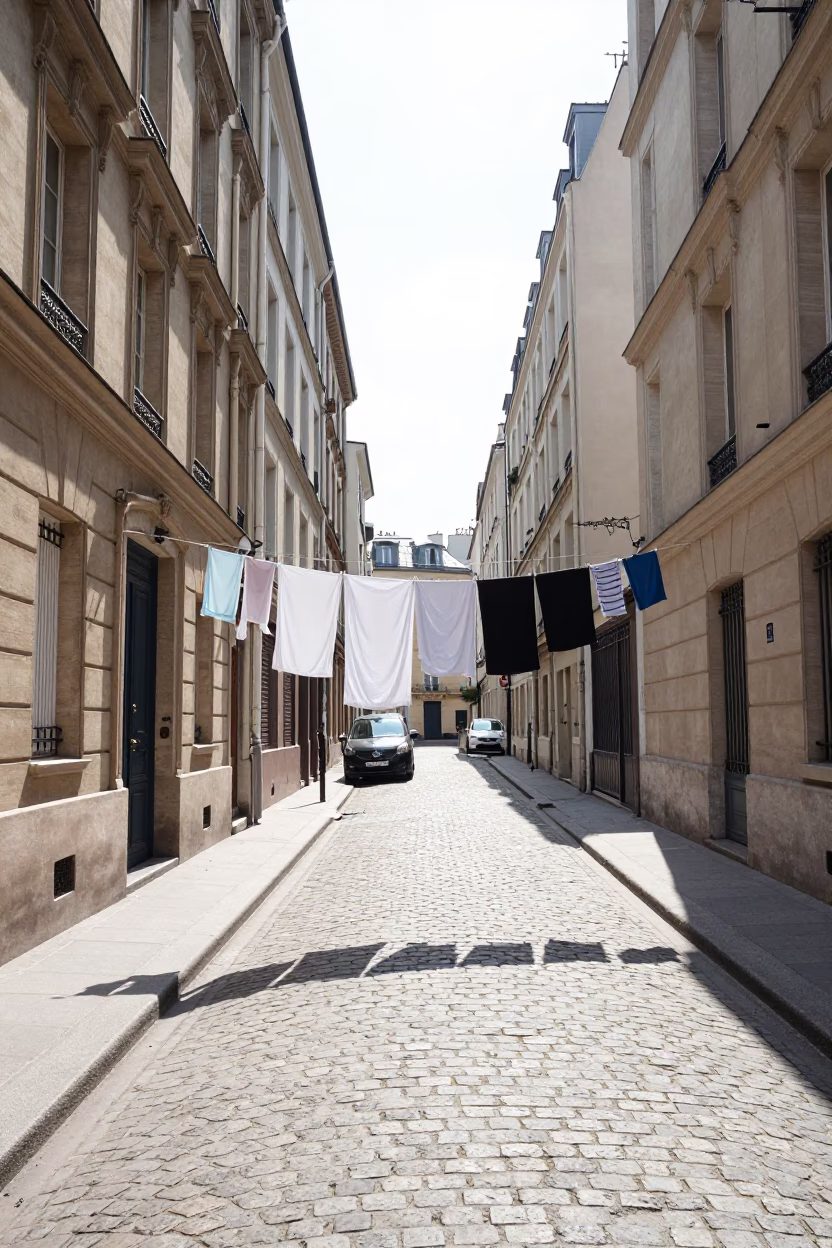Parisian Street Scene at Noon with Drying Towels and Monorail View in in Paris, France