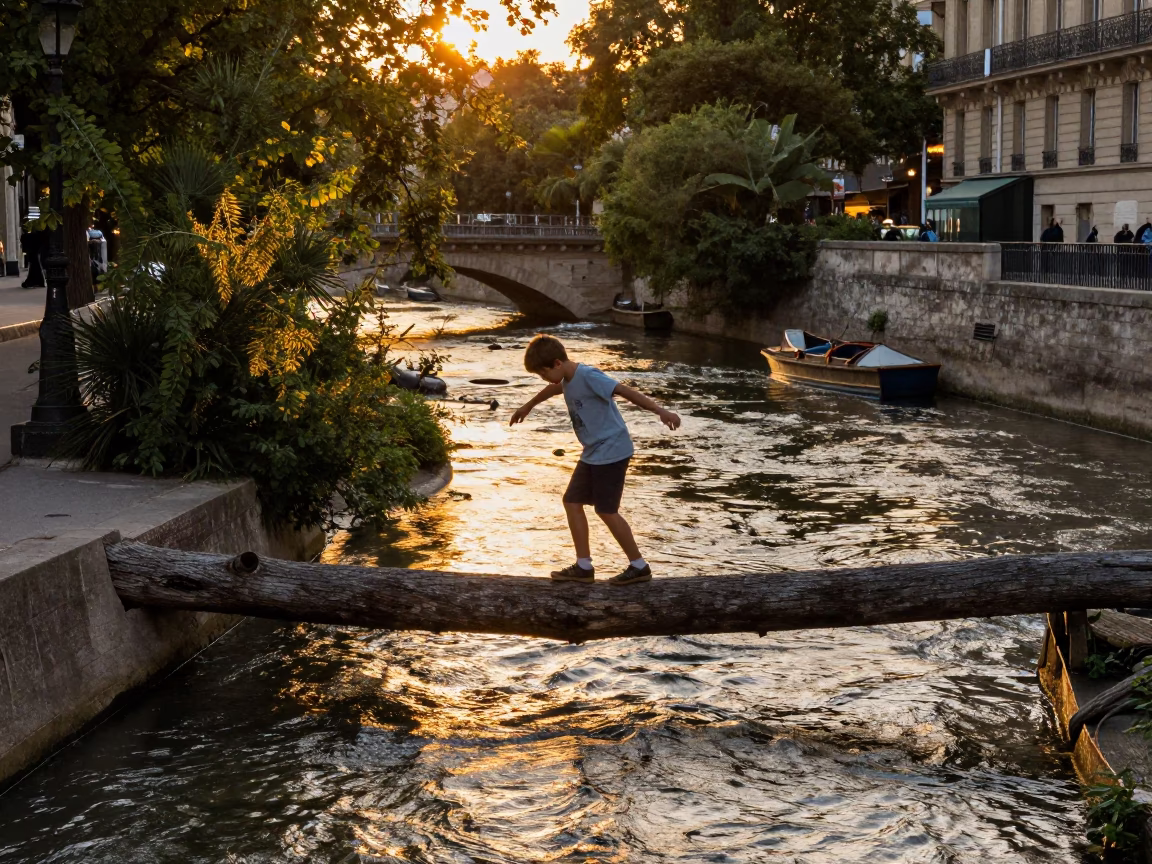 Parisian Street Scene at Sunset with Boy Balancing on Log Over Creek in in Paris, France