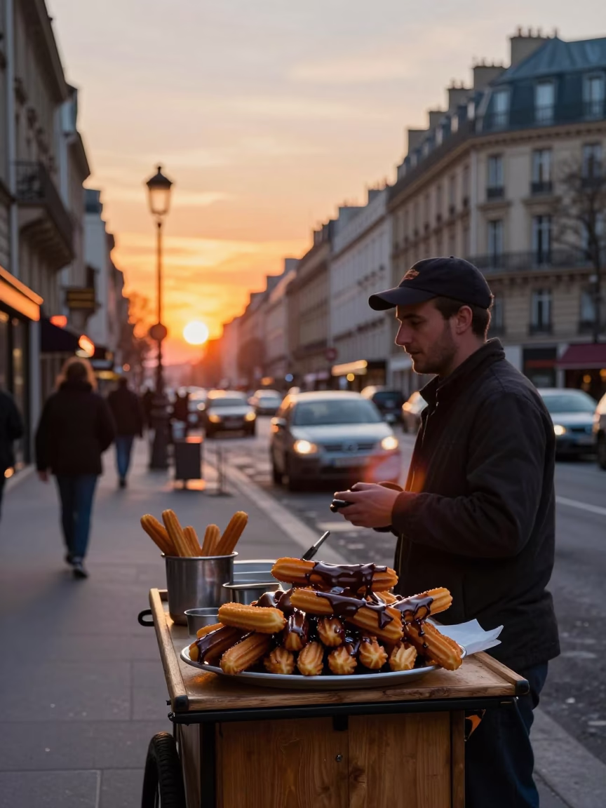 Parisian Street Scene at Sunset with Churros and Chocolate Sauce in in Paris, France