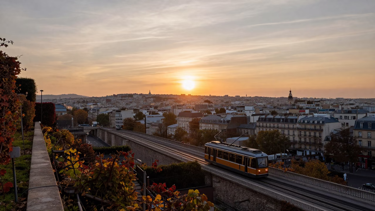 Parisian Street Scene at Sunset with Funicular and Autumn Vines in in Paris, France