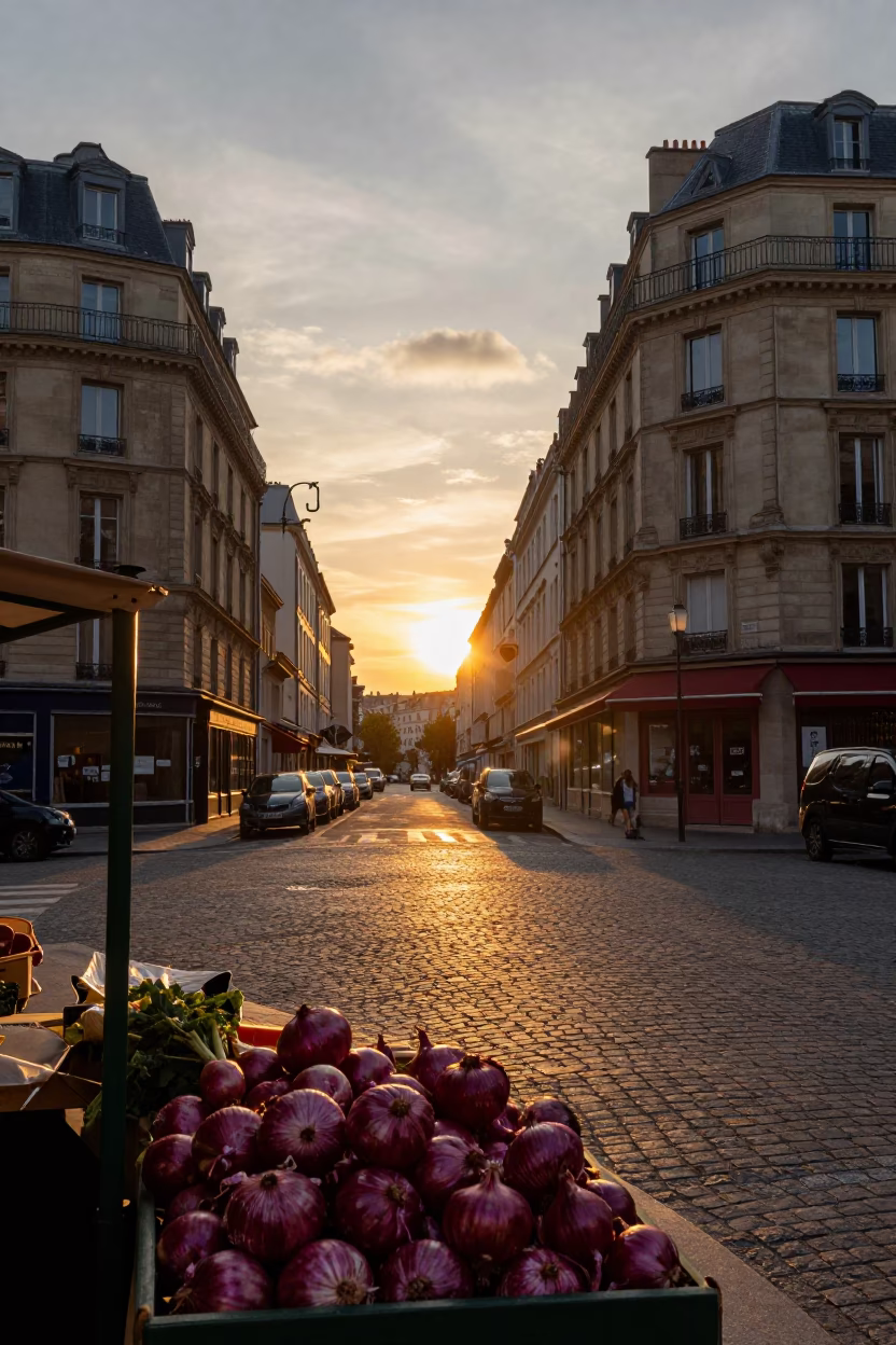 Parisian Street Scene at Sunset with Iron Hook and Onions on Market Stall in in Paris, France