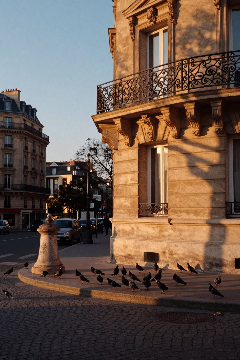 Parisian Street Scene at Sunset with Pigeons and Vintage Café Atmosphere in in Paris, France