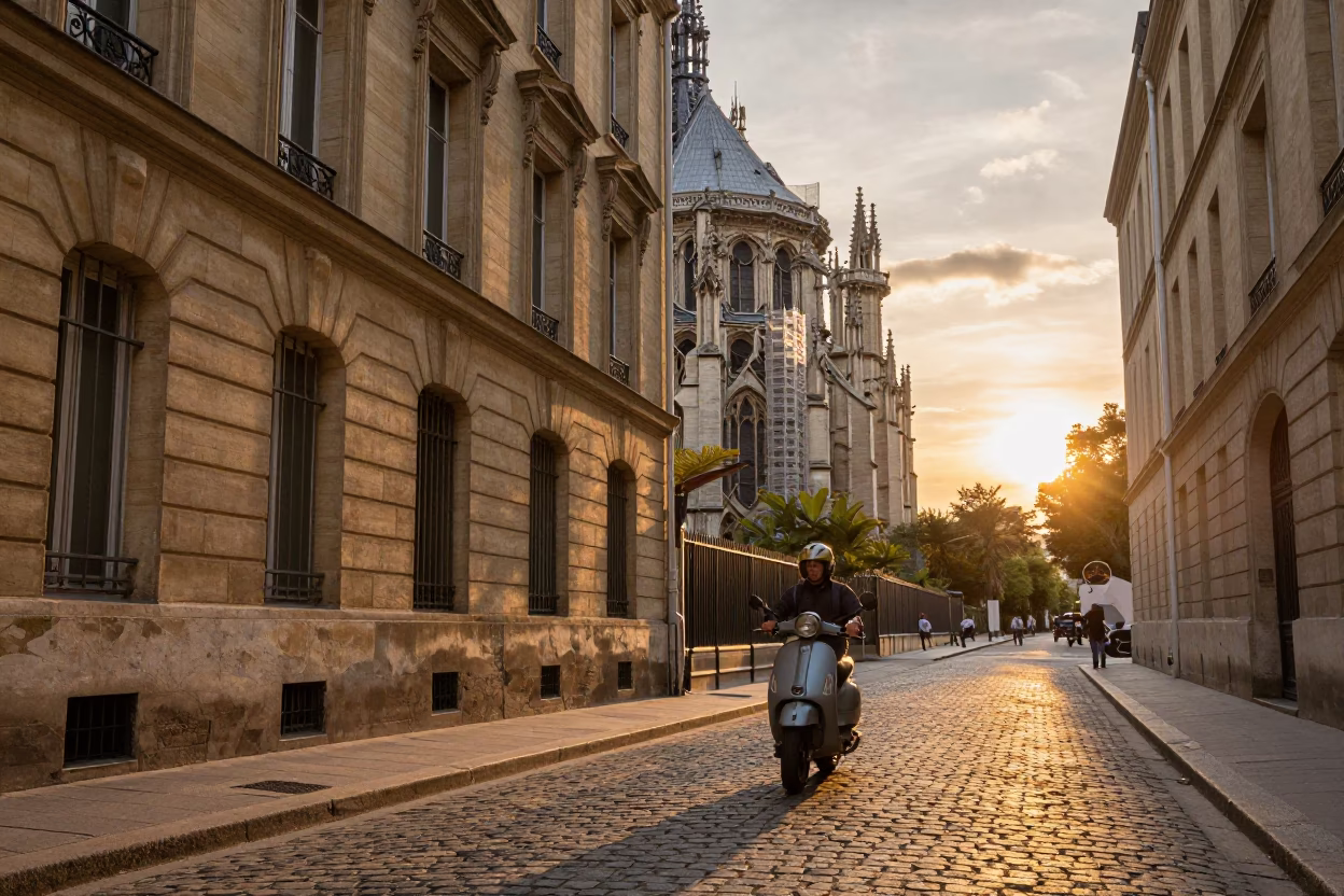 Parisian Street Scene at Sunset with Scooter and Historic Architecture in in Paris, France
