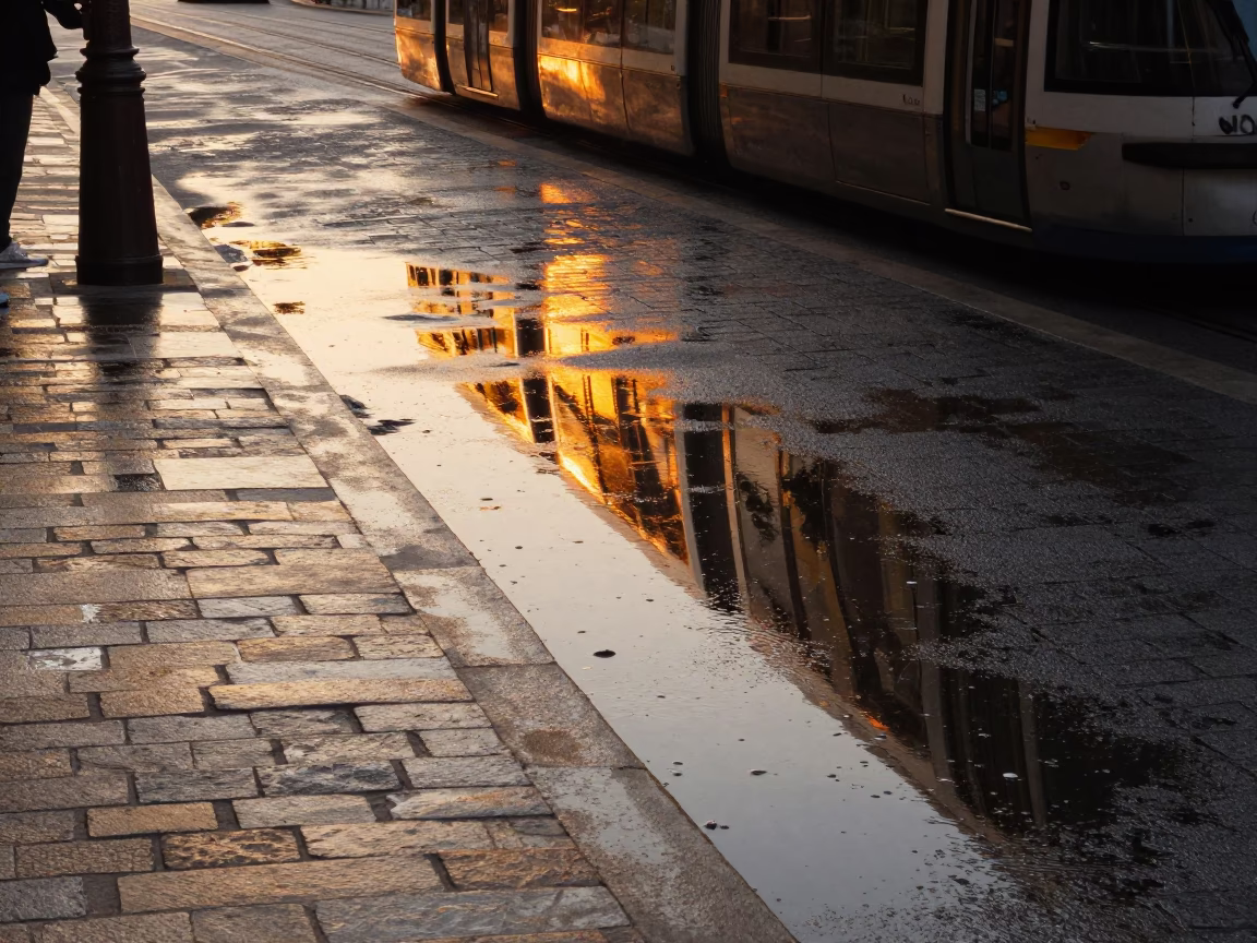 Parisian Street Scene at Sunset with Tram Reflection and Cobblestone Rain Details in in Paris, France