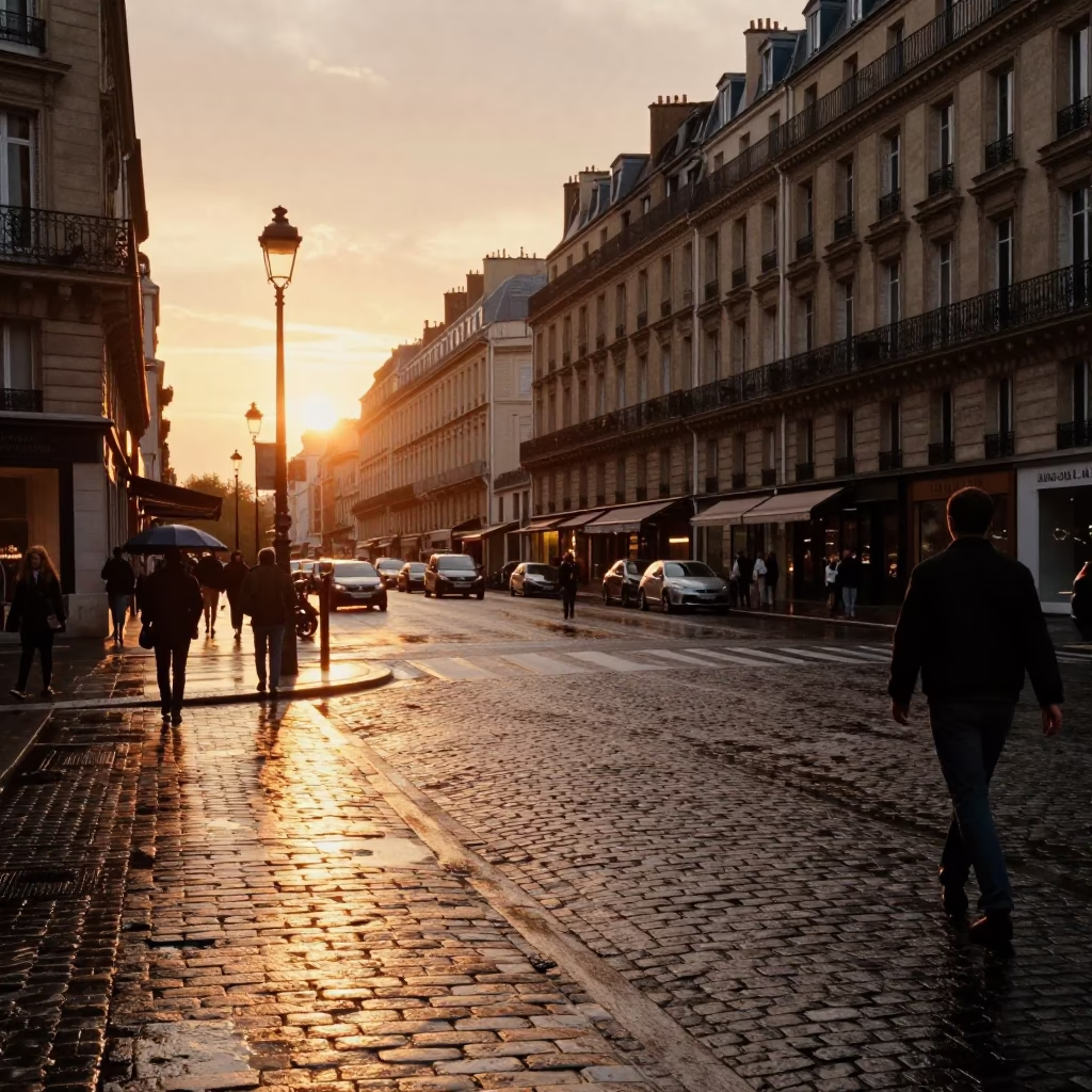Parisian Street Scene at Sunset with Vintage 1980s Substation Insulators and Rain in in Paris, France