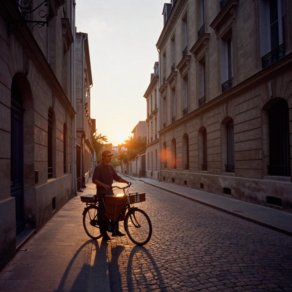 Parisian Street Scene at Sunset with Vintage Bicycle and Flower Bulb Planter in in Paris, France