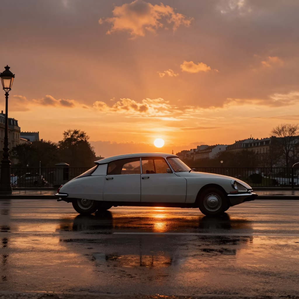 Parisian Street Scene at Sunset with Vintage Car and Substation Puddle in in Paris, France