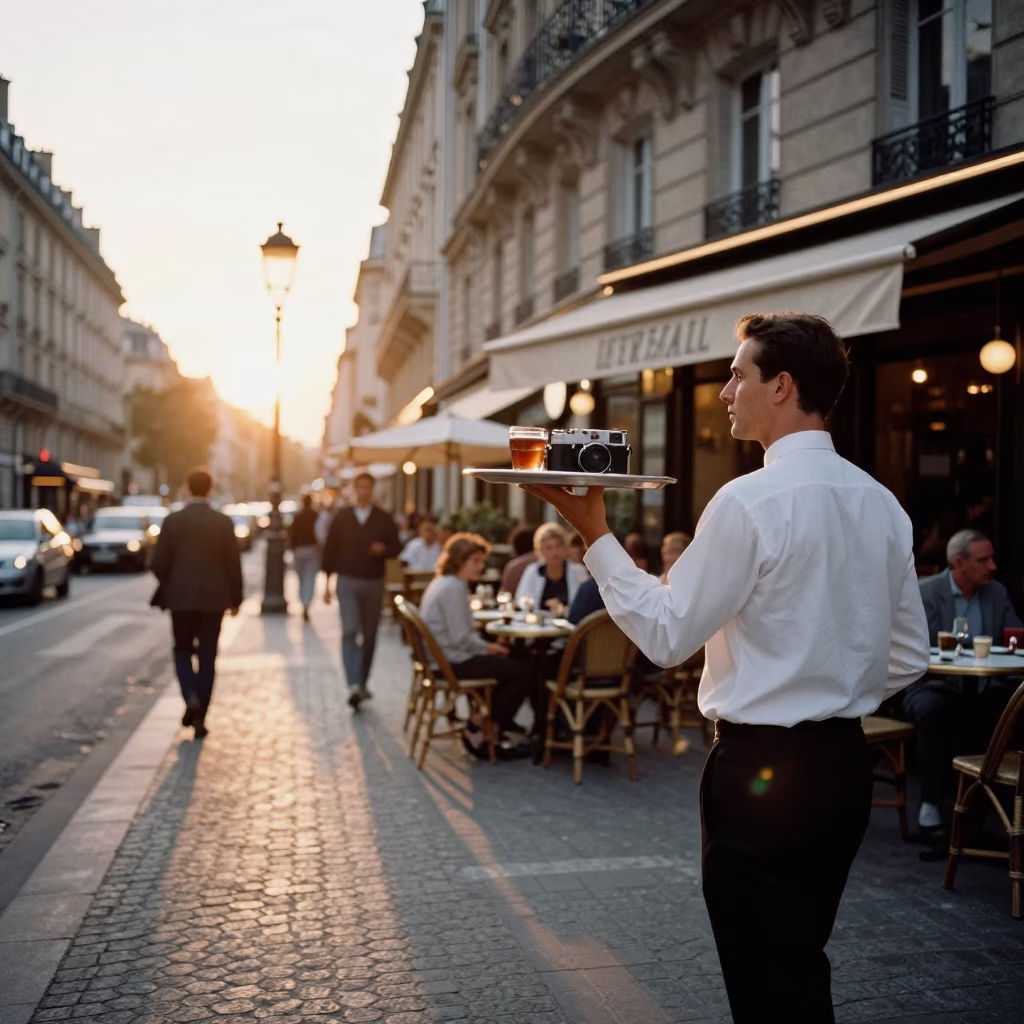 Parisian Street Scene at Sunset with Vintage Italian Majolica Plate on Cafe Table in in Paris, France
