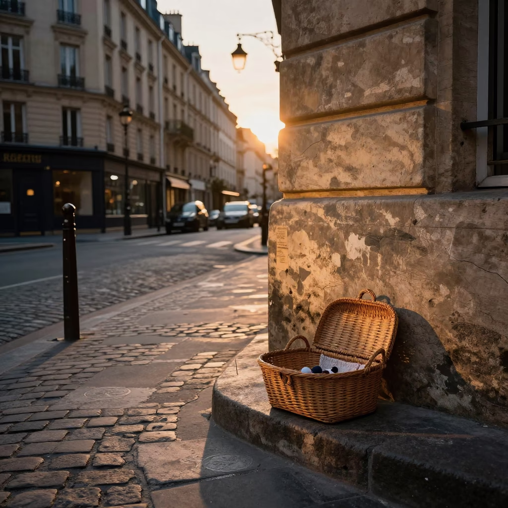 Parisian Street Scene at Sunset with Vintage Sewing Basket and Thimble on Cobblestone in in Paris, France