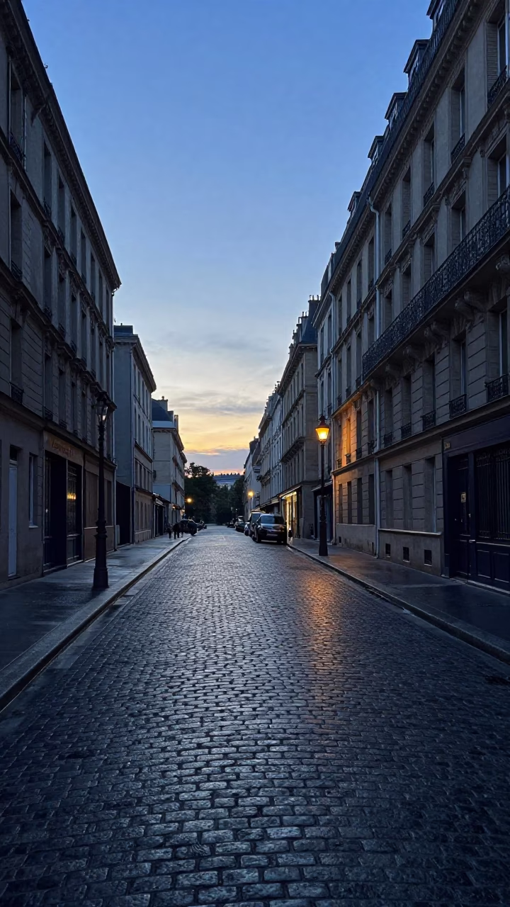 Parisian Street Scene Before Dawn with Cobblestones and Quiet Morning Light in in Paris, France