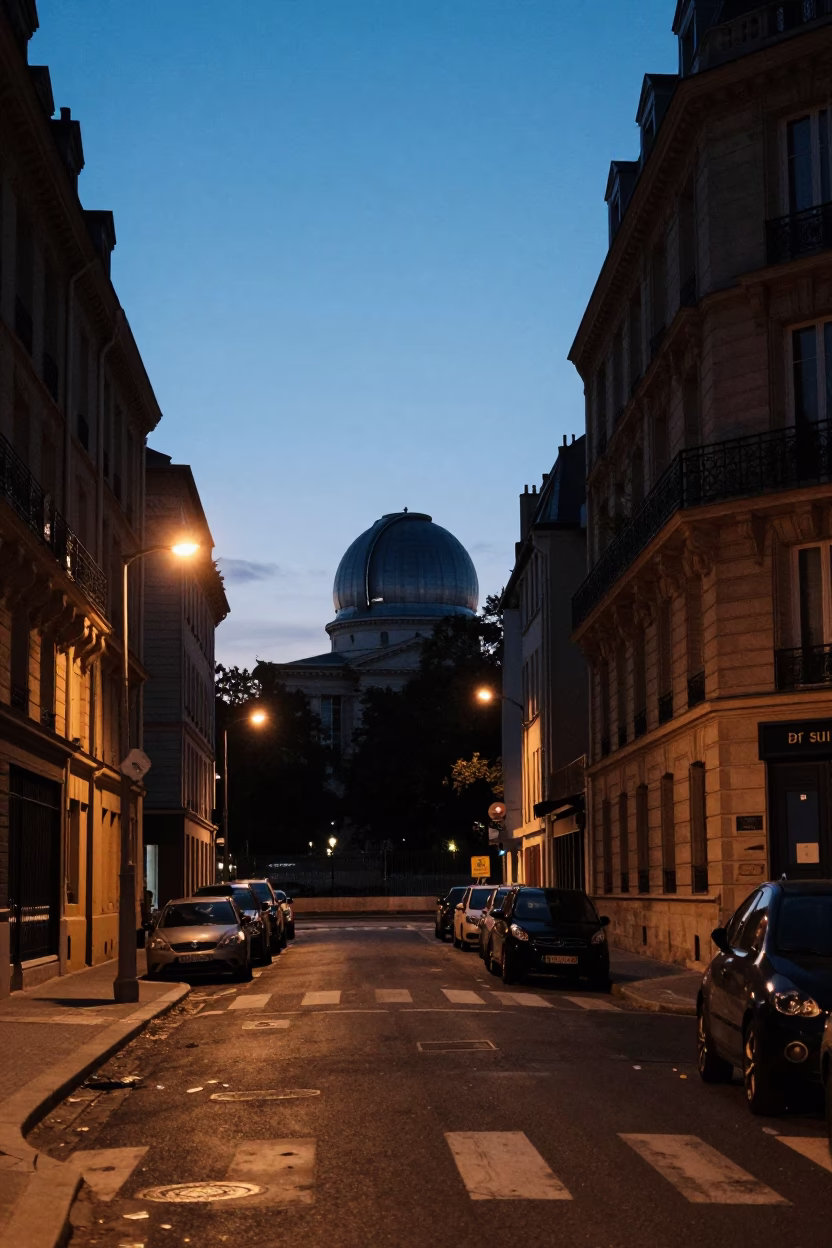 Parisian street scene before dawn with observatory dome silhouette and morning coffee routine in in Paris, France