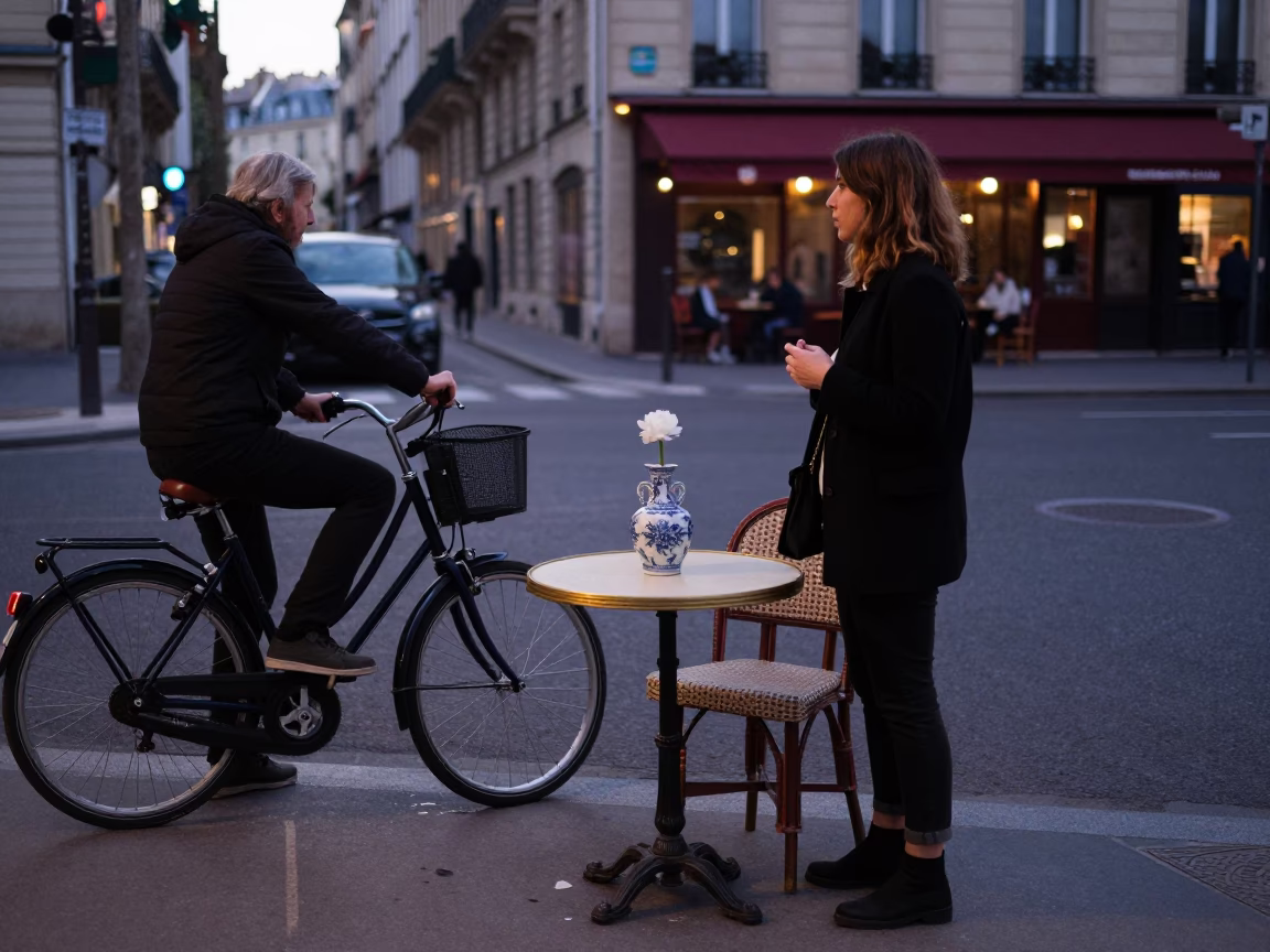 Parisian street scene early evening with bicycle and café table in in Paris, France