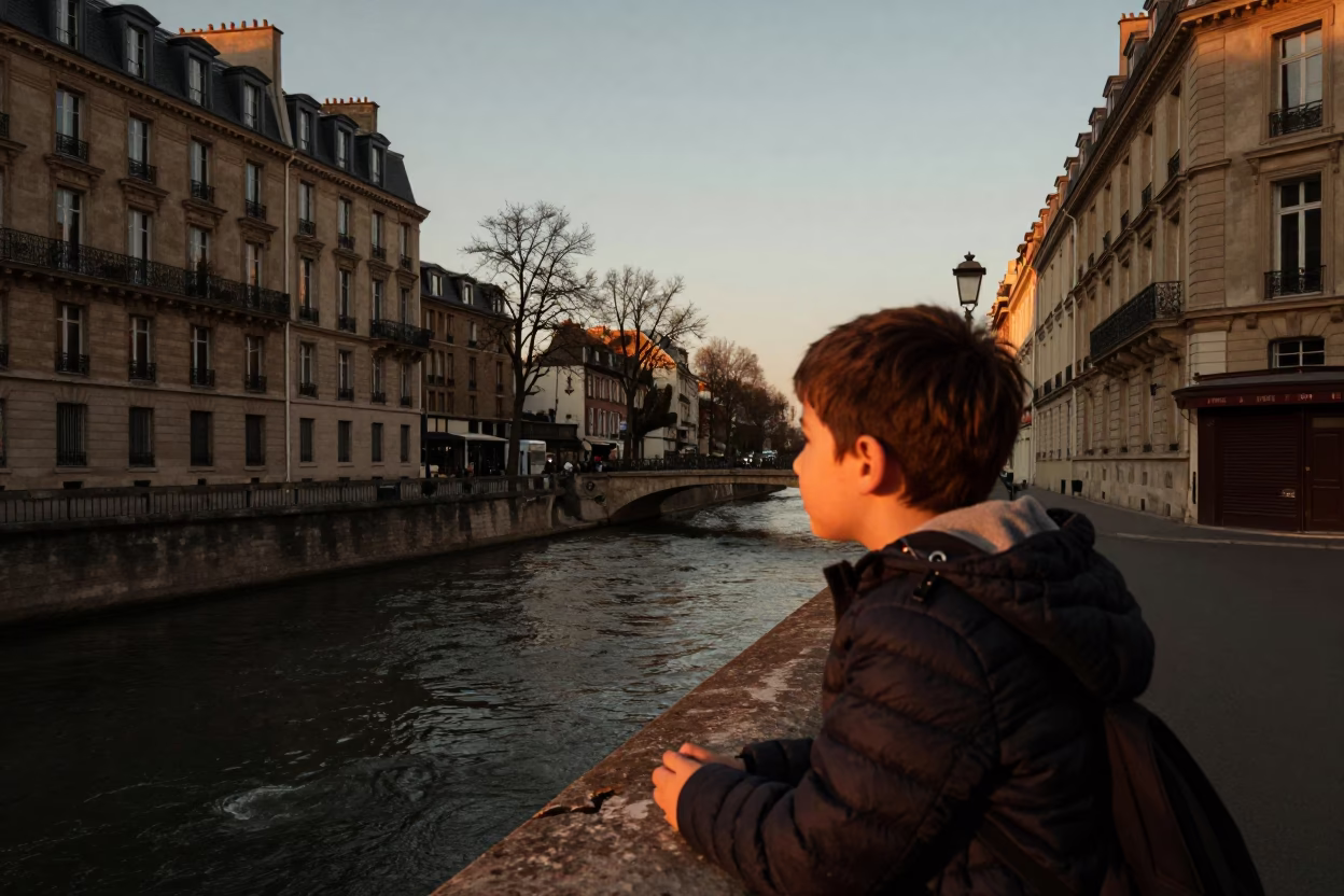 Parisian Street Scene Honeyed Evening Light with Child Sun Hat and Canal Barge in in Paris, France