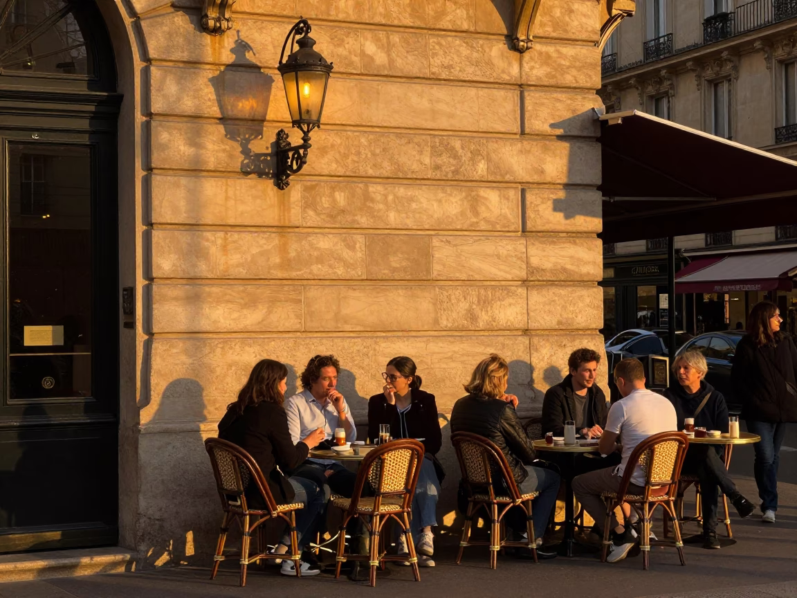 Parisian Street Scene Honeyed Evening Light with Wall Sconce and Local Diners in in Paris, France