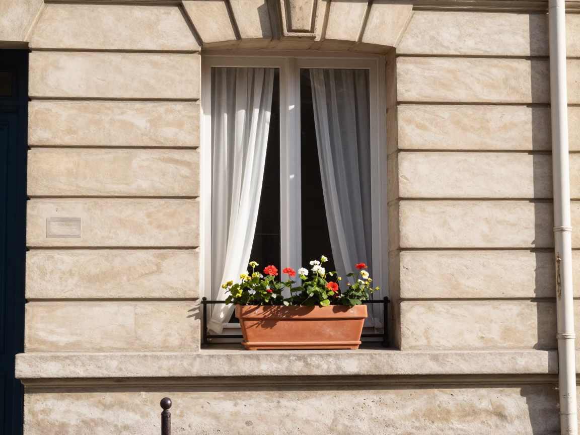 Parisian Street Scene in Bright Midmorning Light with Flowerpot and Window Curtains in in Paris, France