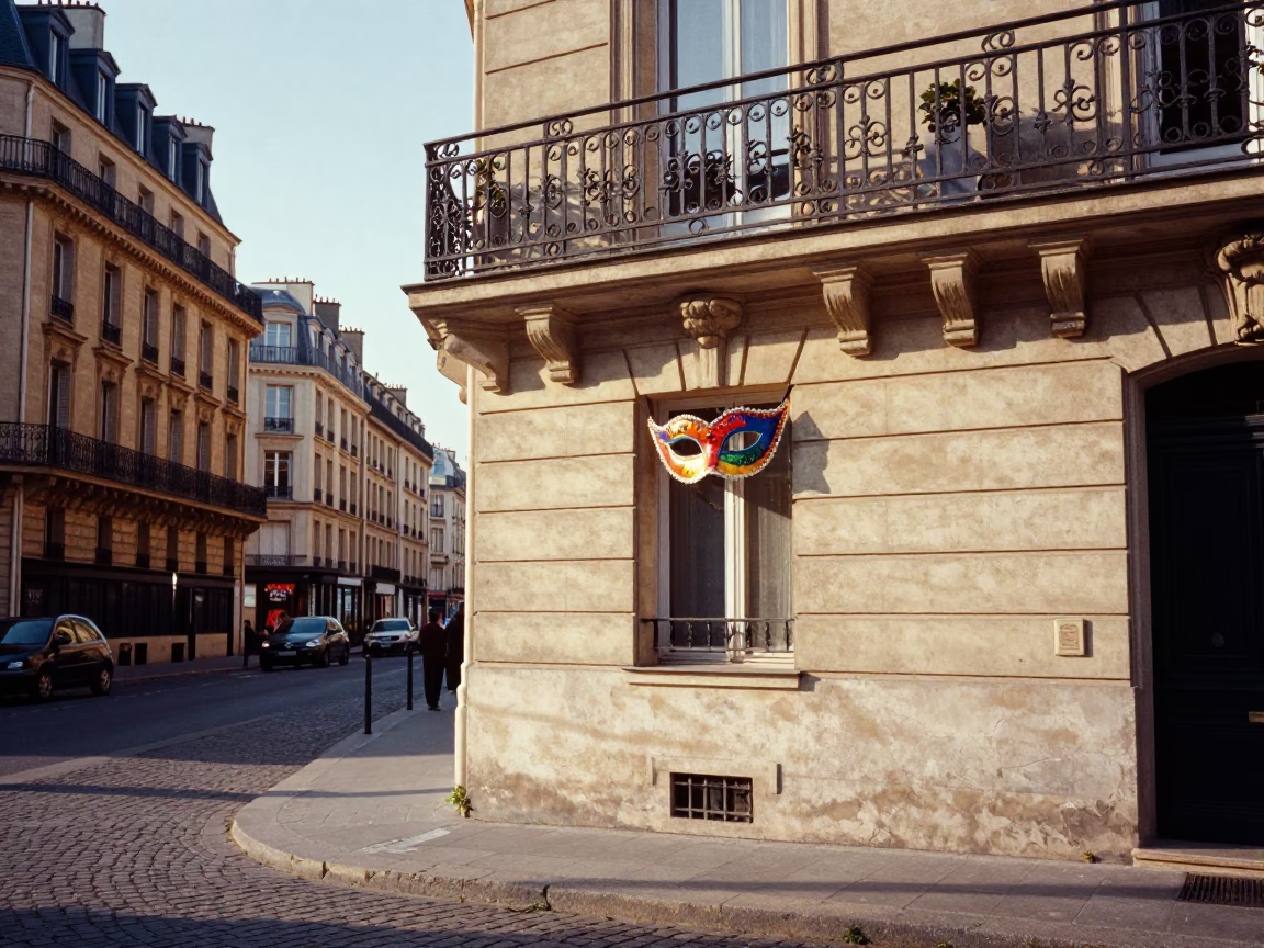 Parisian Street Scene Late Morning with Balcony Mask and Toolbox in in Paris, France