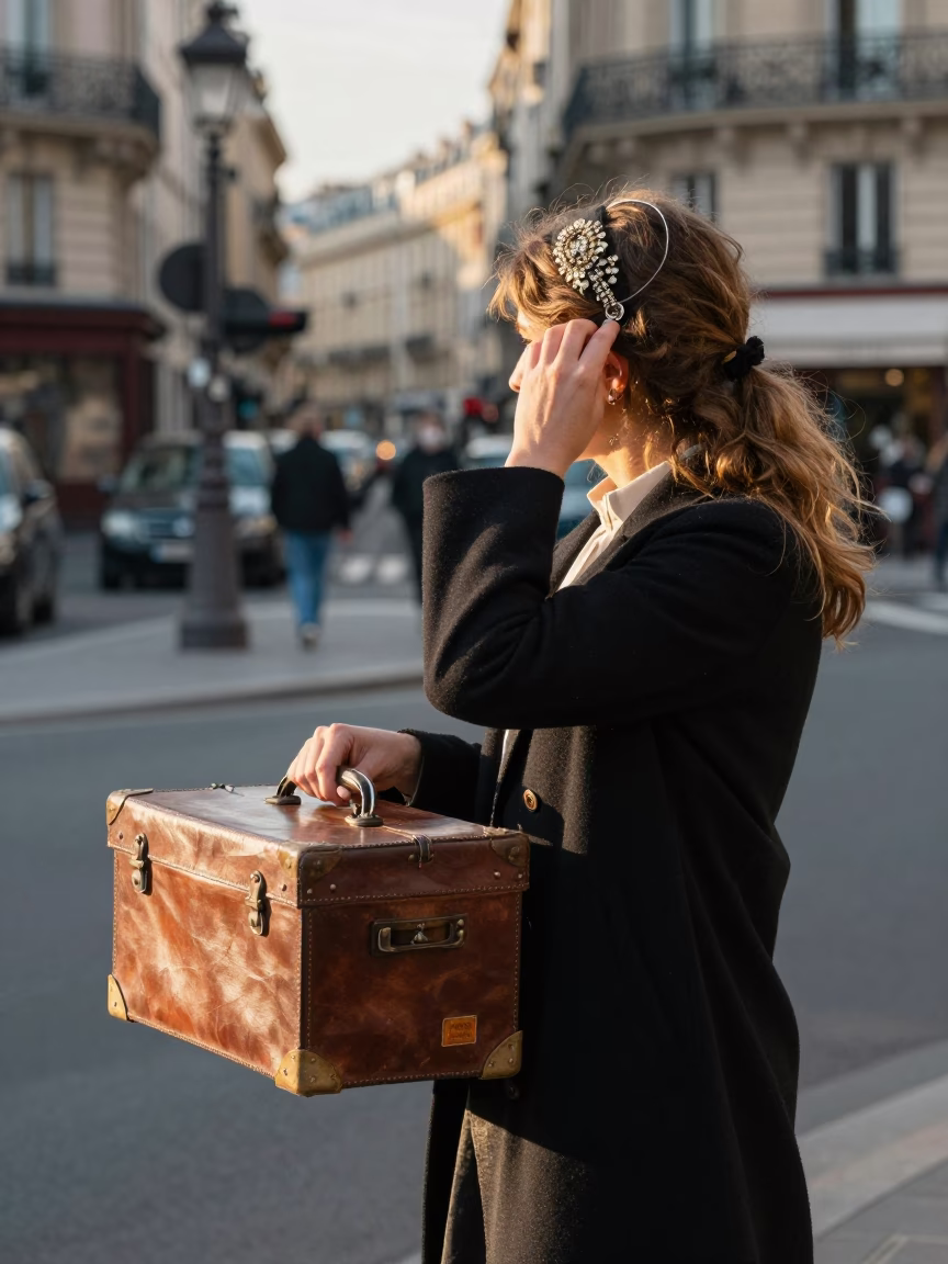 Parisian Street Scene Late Morning with Vintage Hatbox and Hair Comb in in Paris, France