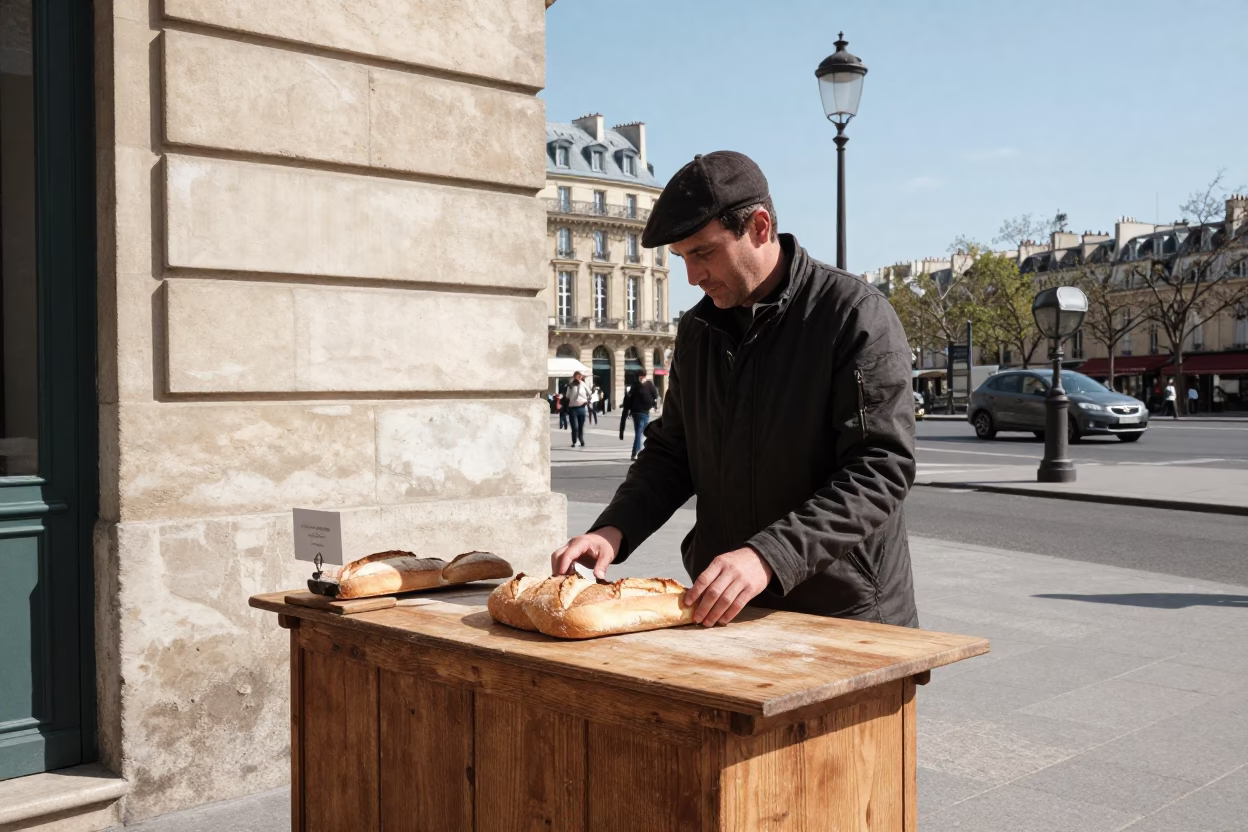 Parisian Street Scene Under Noon Sun with Stone Architecture and Local Commerce in in Paris, France